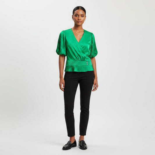 Lynn's Closet Boutique Karl Lagerfeld Kelly Green Satin V-Neck Top with Puffed Pleated Sleeves and Button Detail