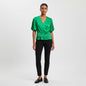 Lynn's Closet Boutique Karl Lagerfeld Kelly Green Satin V-Neck Top with Puffed Pleated Sleeves and Button Detail