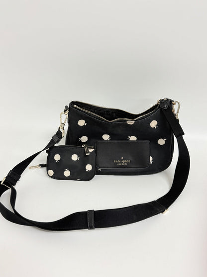 Lynn's Closet Boutique Kate Spade Chelsea nylon crossbody bag in black with white apple print and detachable pouch.