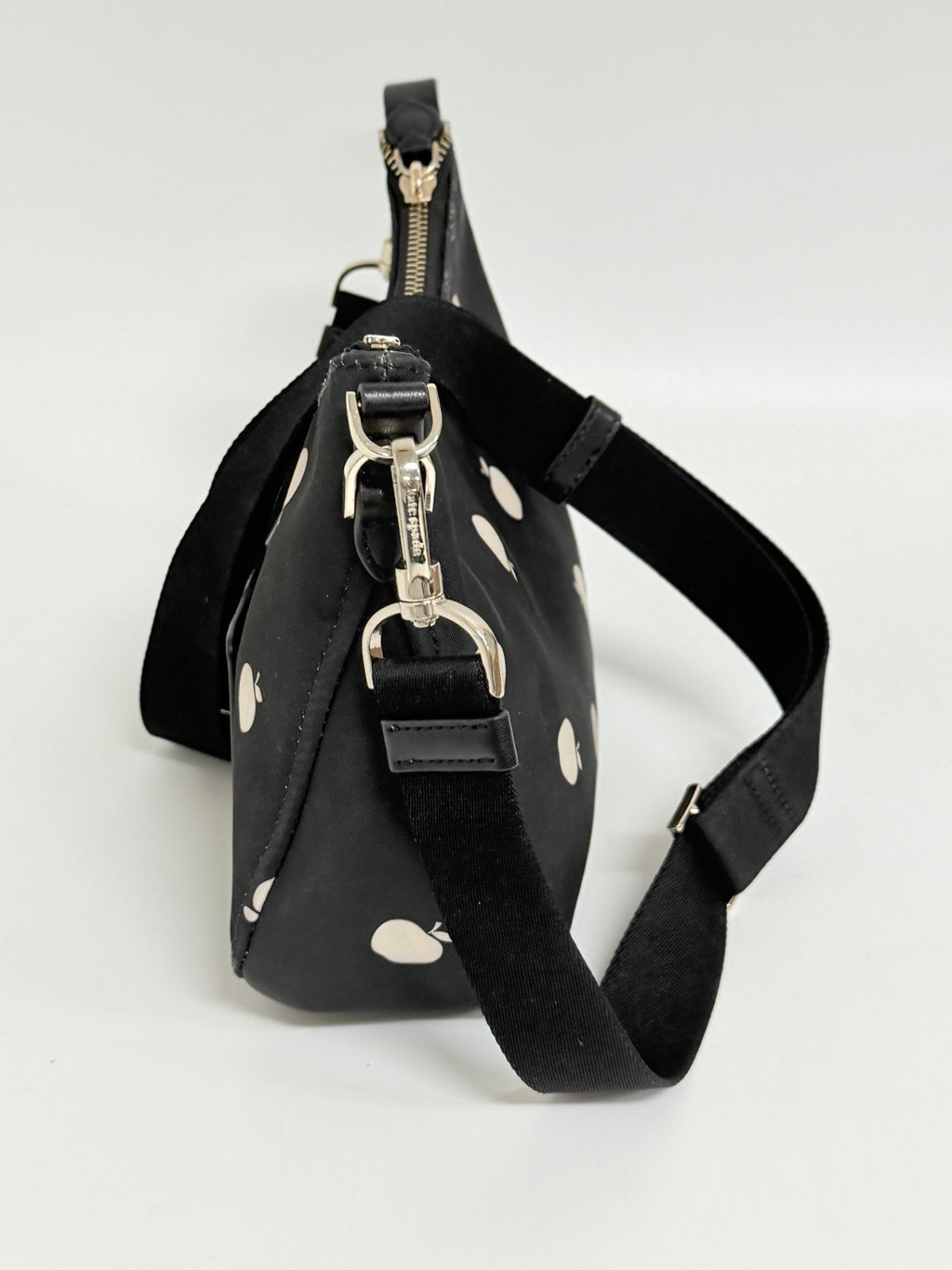 Lynn's Closet Boutique Kate Spade Chelsea nylon crossbody bag in black with white apple print and adjustable strap