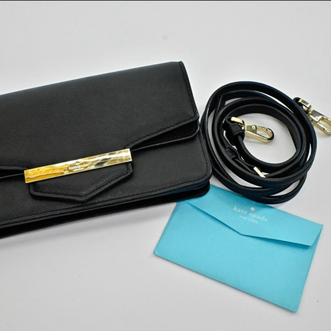 Lynn's Closet Boutique Kate Spade black leather Kaela Carmel Court crossbody bag with gold hardware and detachable strap