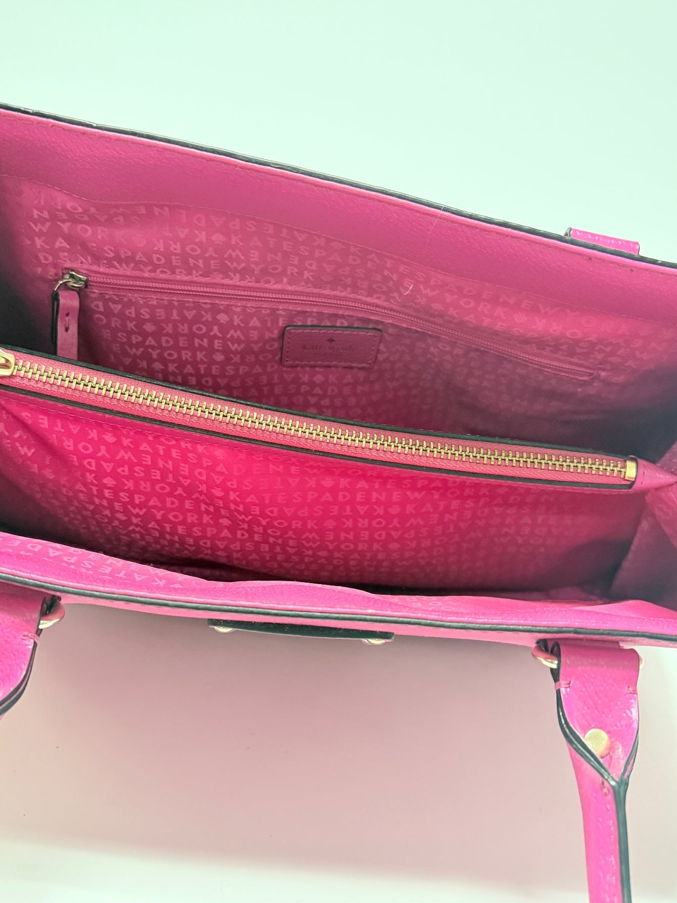 Lynn's Closet Boutique Kate Spade New York hot pink leather tote bag interior with branded lining and zipper pocket