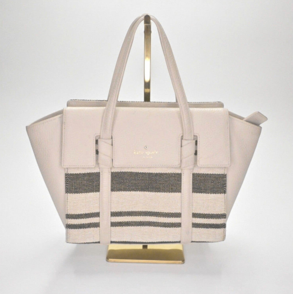 Lynn's Closet Boutique Kate Spade Daniels Drive Abigail tote in neutral pebbled leather with woven stripe panel.