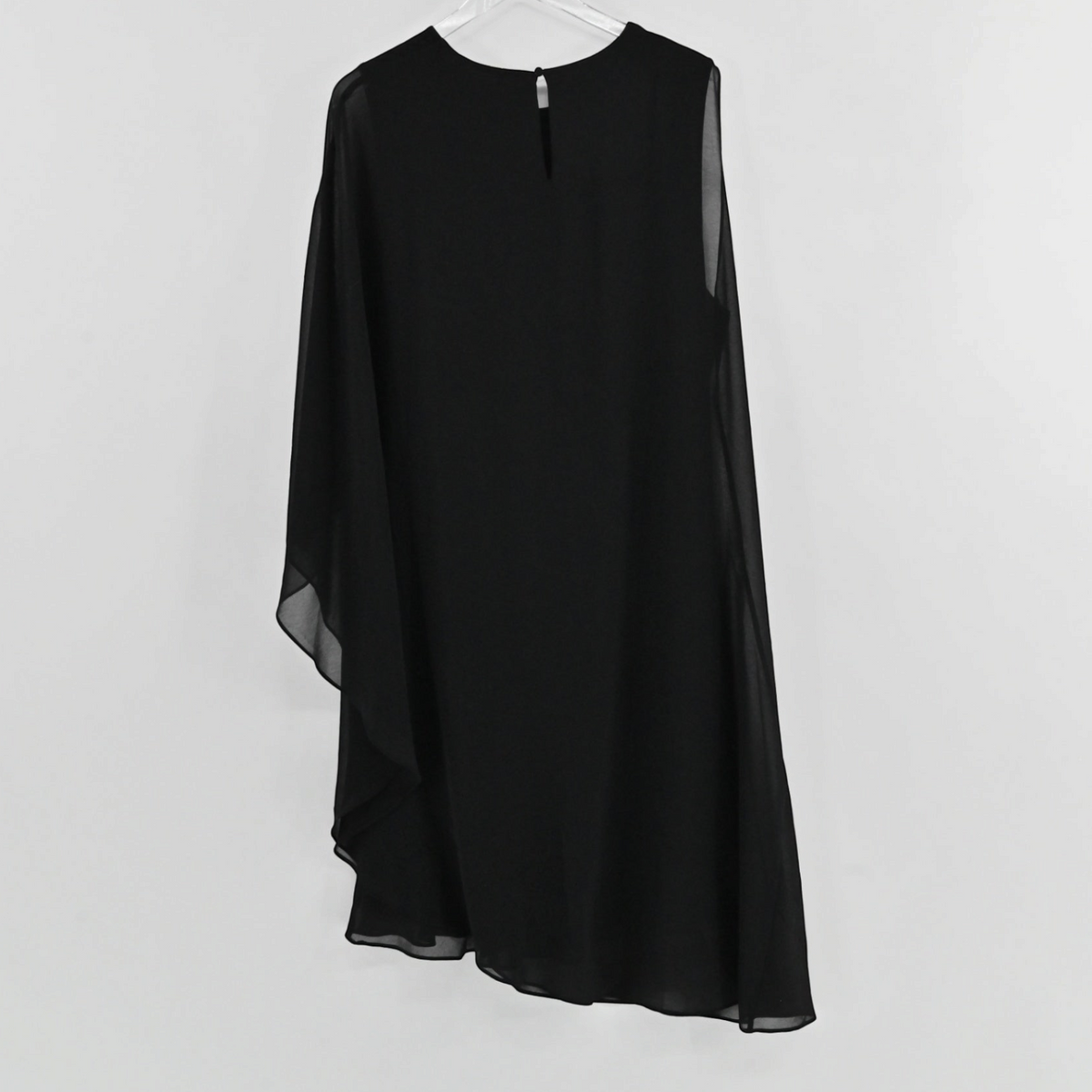Lynn's Closet Boutique Kobi Halperin black sleeveless dress with an asymmetrical hem and lightweight draped fabric.
