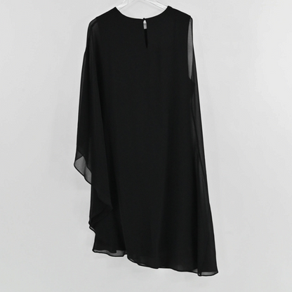 Lynn's Closet Boutique Kobi Halperin black sleeveless dress with an asymmetrical hem and lightweight draped fabric.