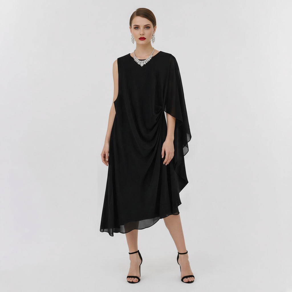 Model wearing a Lynn's Closet Boutique Kobi Halperin black sleeveless asymmetrical dress with side ruching
