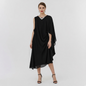 Model wearing a Lynn's Closet Boutique Kobi Halperin black sleeveless asymmetrical dress with side ruching
