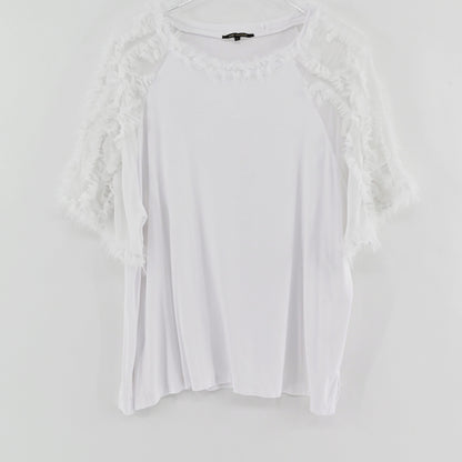 Lynn's Closet Boutique white Kobi Halperin Betsy top with textured ruffle sleeves and neckline on a hanger