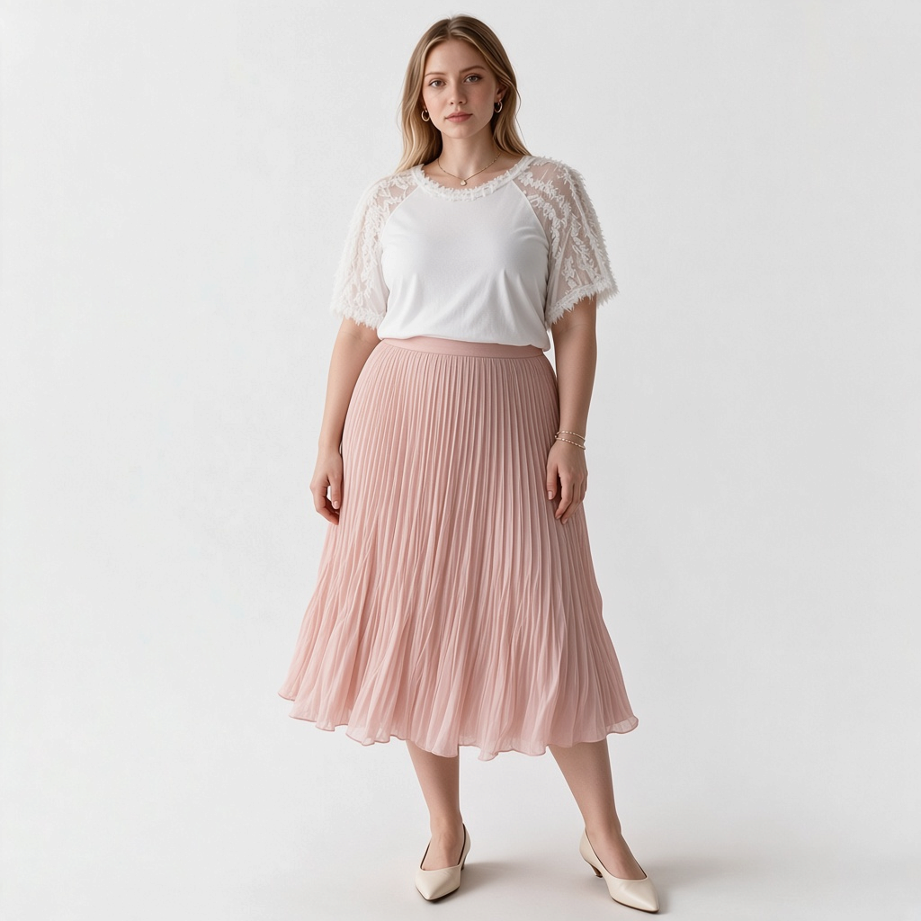 Model wearing a white Kobi Halperin Betsy ruffle sleeve top and a pleated pink midi skirt from Lynn's Closet Boutique.