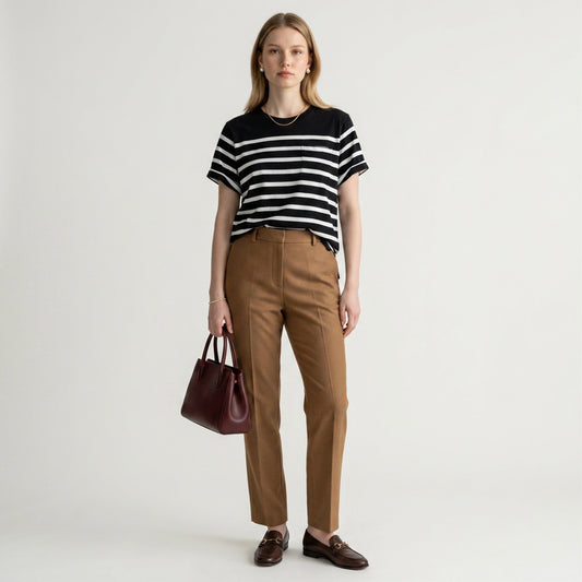 Model wearing a Lynn's Closet Boutique La Ligne black and white striped crew neck t-shirt with a chest pocket