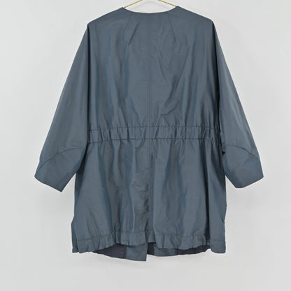 Lynn's Closet Boutique Lafayette 148 NY blue-gray metallic drawstring jacket, back view of collarless utility coat.