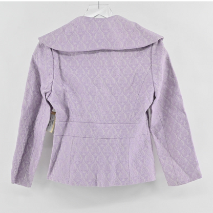 Lynn's Closet Boutique lavender purple brocade blazer with an oversized collar, back view on a hanger.