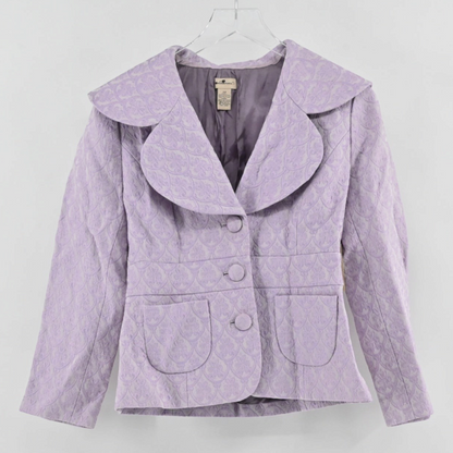 Lynn's Closet Boutique Anthropologie lavender purple brocade blazer with an oversized collar and three-button closure.