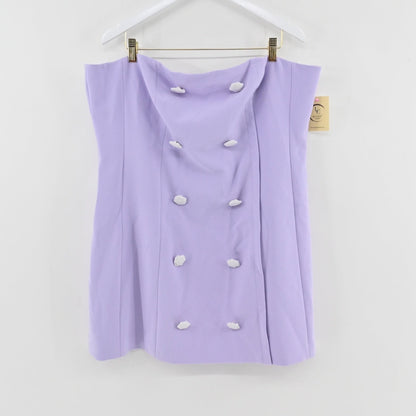 Lynn's Closet Boutique lilac strapless bustier dress with double-breasted button detail hanging on a white hanger
