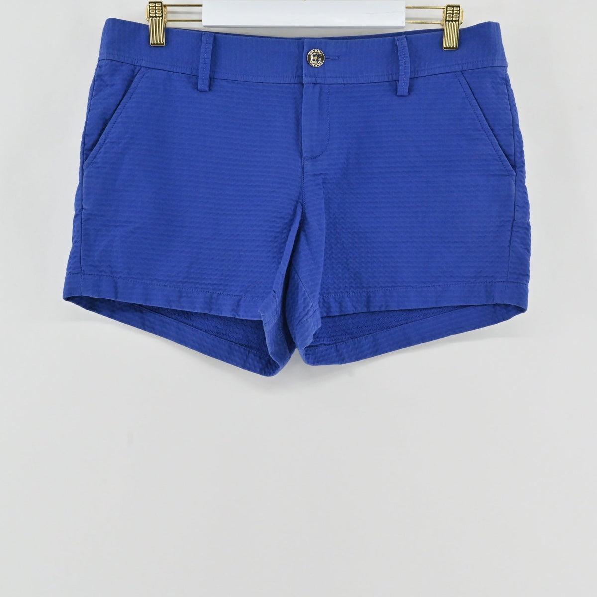 Lynn's Closet Boutique Lilly Pulitzer Callahan blue shorts with wavy textured fabric and button fly closure