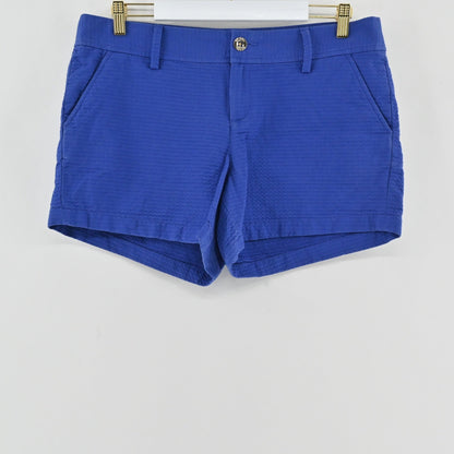 Lynn's Closet Boutique Lilly Pulitzer Callahan blue shorts with wavy textured fabric and button fly closure