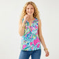 Model wearing a Lilly Pulitzer Essie sleeveless top with a vibrant pink and blue floral print from Lynn's Closet Boutique