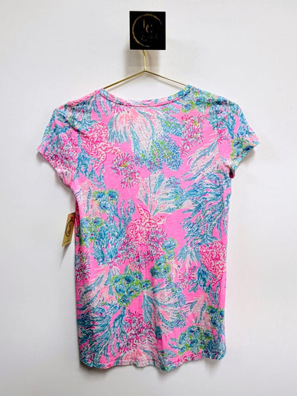 Lynn's Closet Boutique Lilly Pulitzer Etta short-sleeve tee featuring a vibrant pink, blue, and green tropical print.