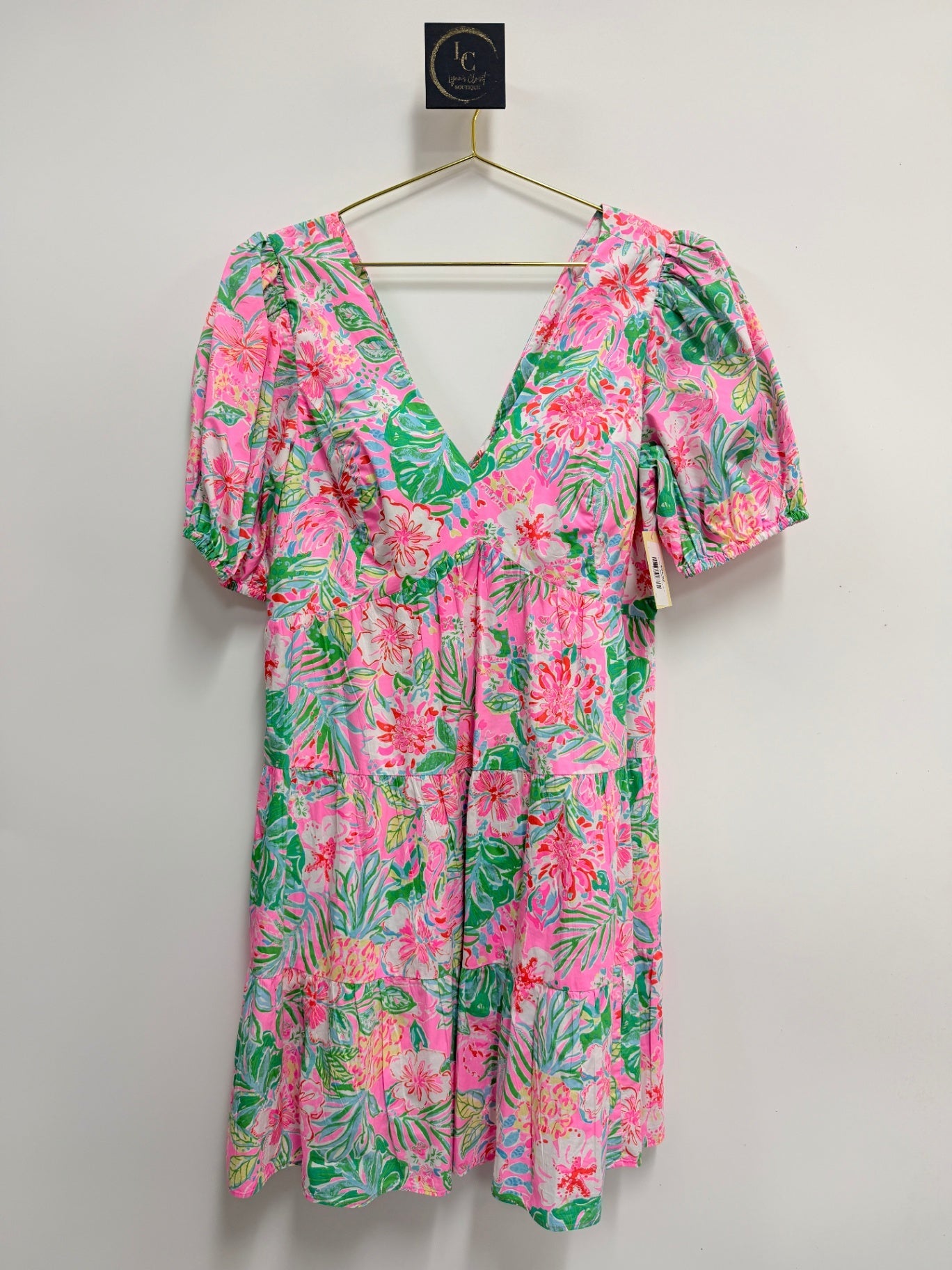 Lynn's Closet Boutique Lilly Pulitzer Nalani dress in a vibrant pink and green tropical floral print with puff sleeves