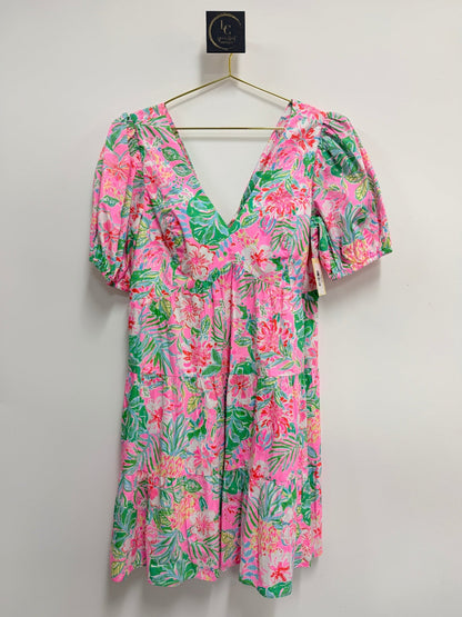 Lynn's Closet Boutique Lilly Pulitzer Nalani dress in a vibrant pink and green tropical floral print with puff sleeves