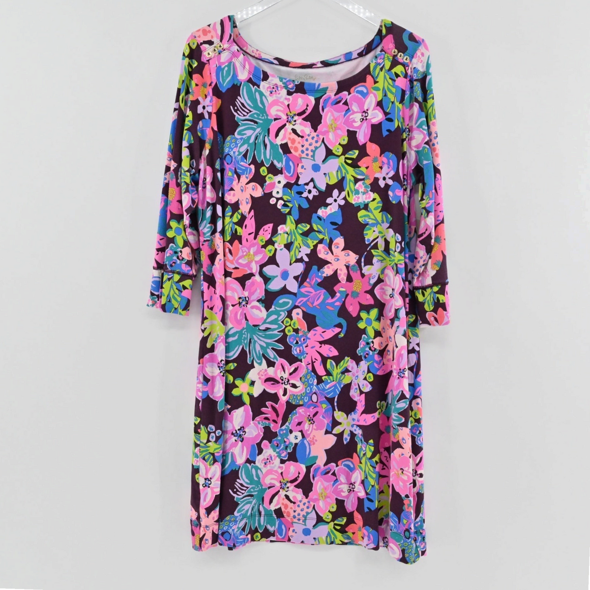 Lynn's Closet Boutique Lilly Pulitzer Sophie dress in Cherry Ganache Bohemian Garden floral print with 3/4 sleeves.
