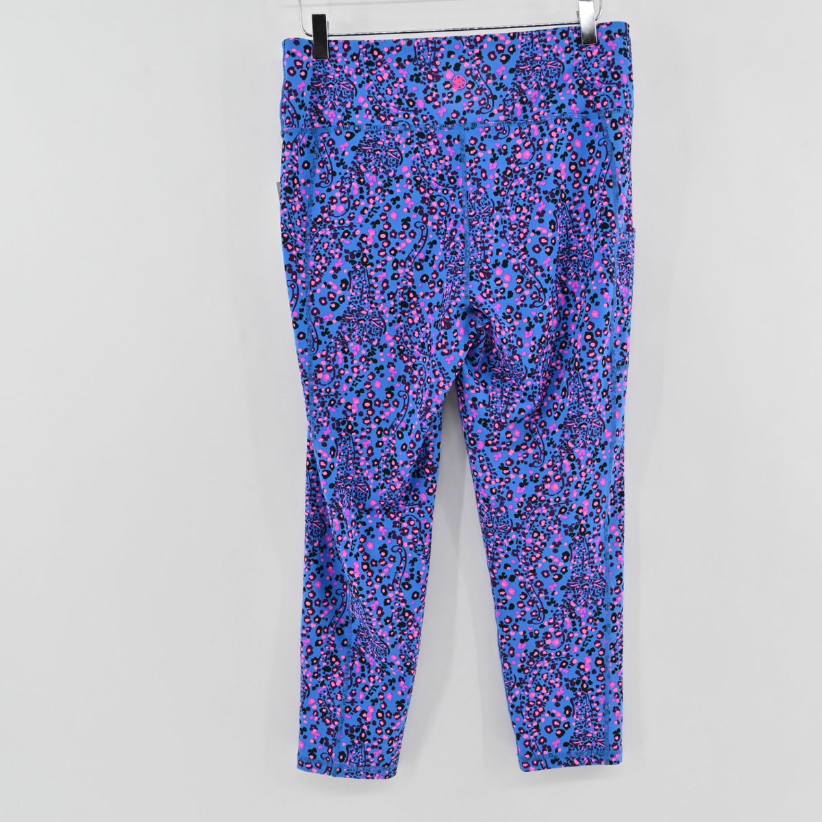 Lynn's Closet Boutique Lilly Pulitzer high rise midi leggings in blue Growl & Prowl animal print with pink accents
