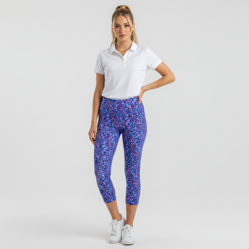 Lynn's Closet Boutique Lilly Pulitzer high rise midi leggings in blue Growl & Prowl animal print on a model