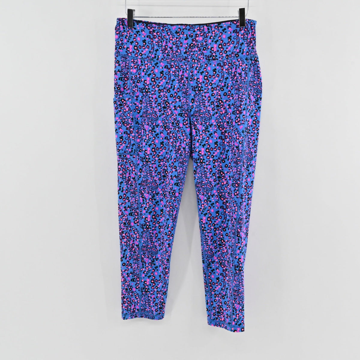 Lynn's Closet Boutique Lilly Pulitzer high rise midi leggings in blue, pink, and black Growl & Prowl animal print.