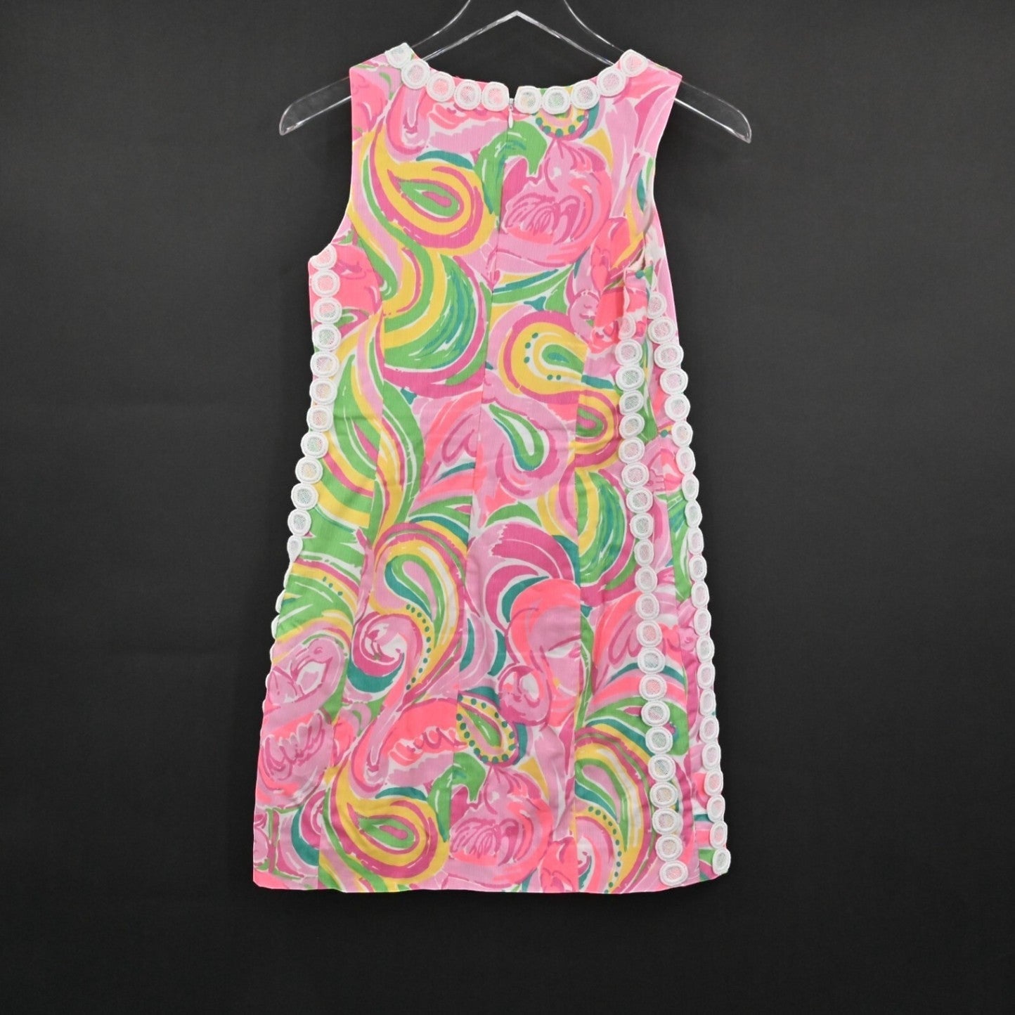 Lynn's Closet Boutique Lilly Pulitzer Mila shift dress in pink and green All Nighter Flamingo print with lace trim