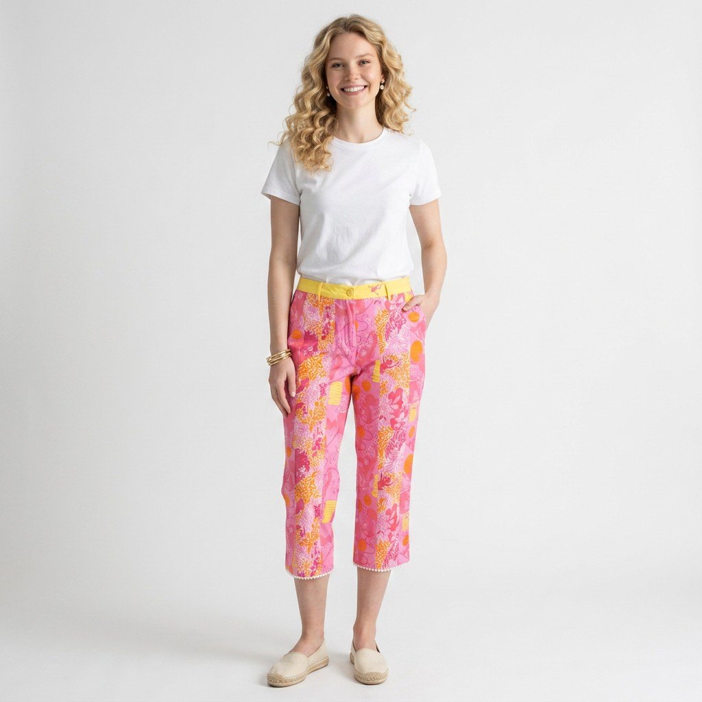 Model wearing Lynn's Closet Boutique Lilly Pulitzer pink and orange monkey print cropped pants with yellow waistband.