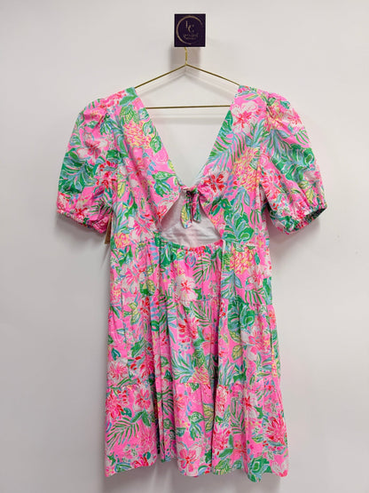 Lynn's Closet Boutique Lilly Pulitzer Nalani dress with pink and green tropical floral print, puff sleeves, and tie back