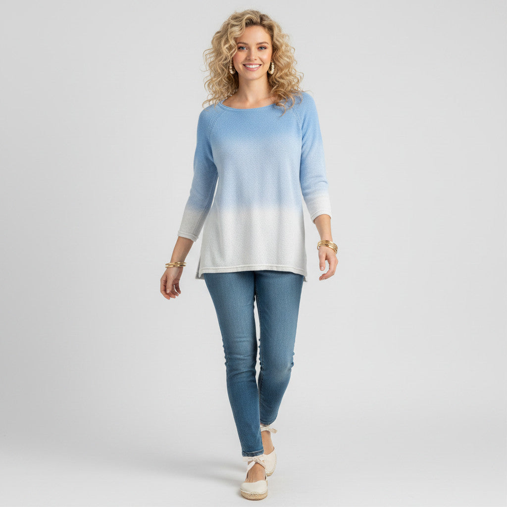 Lynn's Closet Boutique Lilly Pulitzer ombre sweater in blue and white with three-quarter sleeves worn by a model