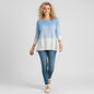 Lynn's Closet Boutique Lilly Pulitzer ombre sweater in blue and white with three-quarter sleeves worn by a model