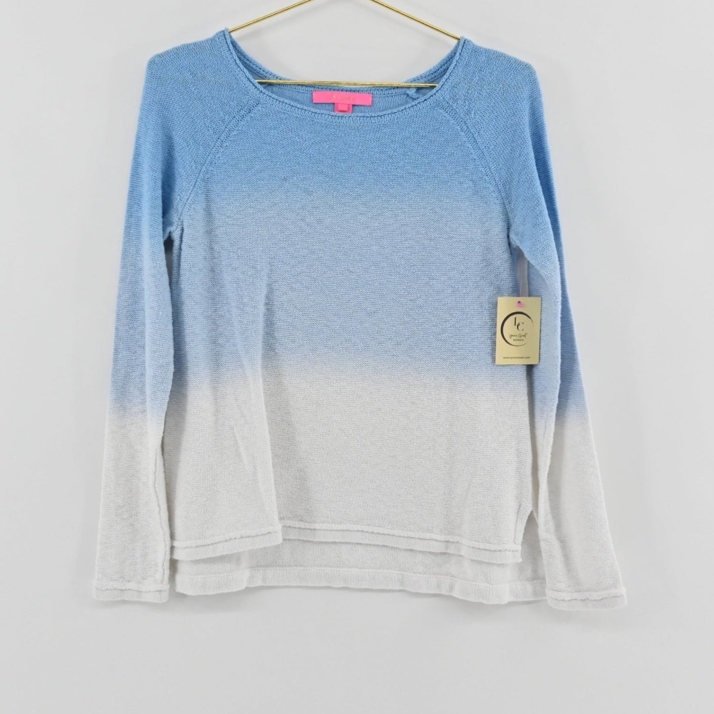 Lynn's Closet Boutique Lilly Pulitzer blue and white ombre knit sweater with crew neck and raglan sleeves.