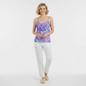 Model wearing a Lynn's Closet Boutique Lilly Pulitzer Karmen Cami with a pink tropical print and ruffle neckline.