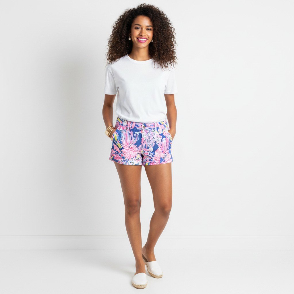 Model wearing Lynn's Closet Boutique Lilly Pulitzer Callahan shorts in Let's Cha Cha floral print with a white tee.