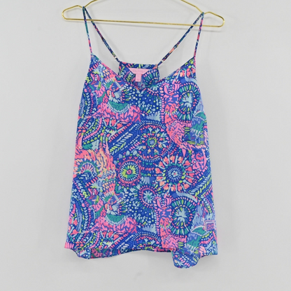 Lynn's Closet Boutique Lilly Pulitzer silk tank top in blue and pink No Prob Llama print with spaghetti straps