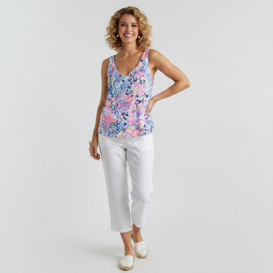Lynn's Closet Boutique pink, blue, and yellow Lilly Pulitzer tank top in size L with a V-neck and a vibrant coral and sea life print.