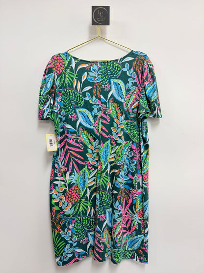 Lynn's Closet Boutique Lilly Pulitzer Aleece T-Shirt Dress in a vibrant tropical botanical print with pink and green