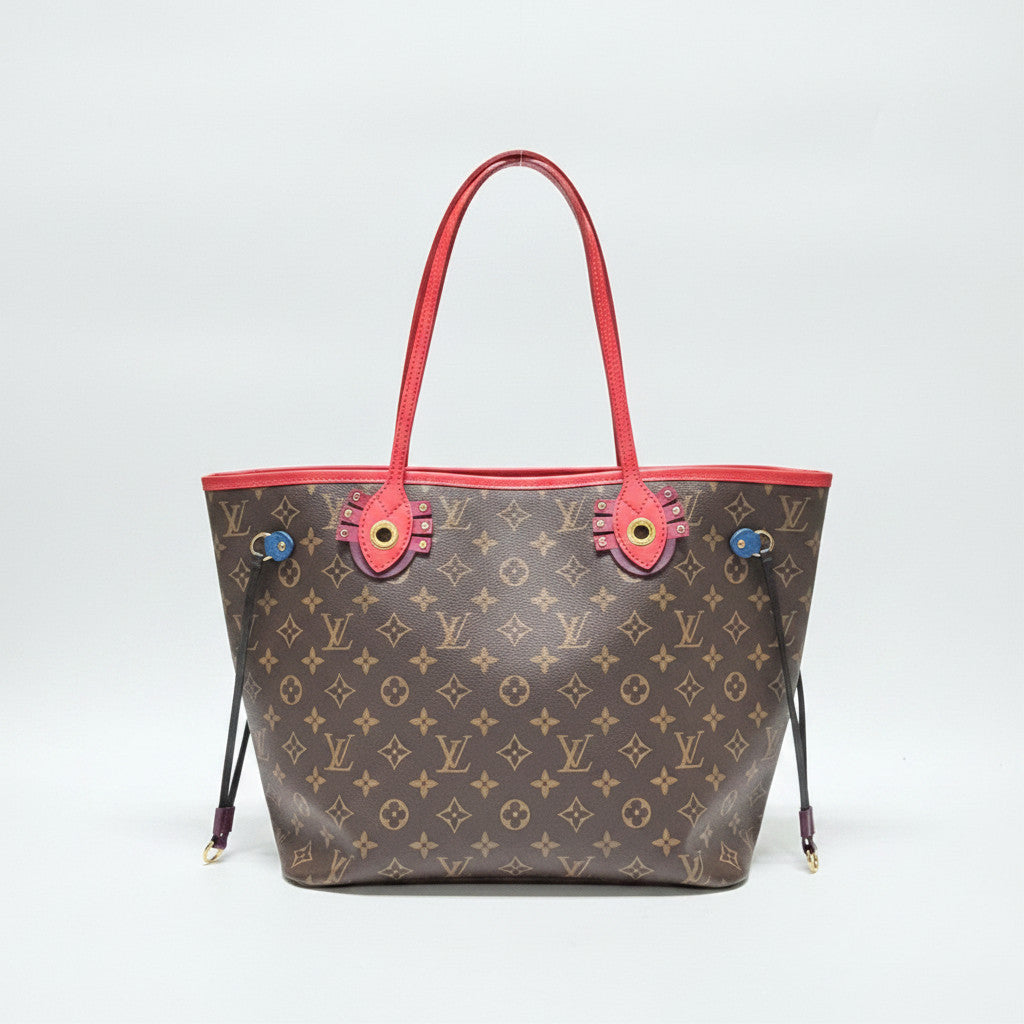 Lynn's Closet Boutique Louis Vuitton Monogram Totem Neverfull MM tote bag with red leather trim and colorful accents.