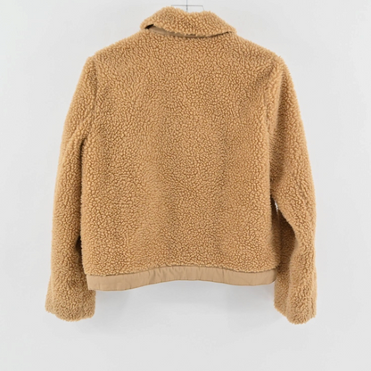 Back view of a Madewell camel sherpa fleece jacket with a structured collar and textured plush fabric.