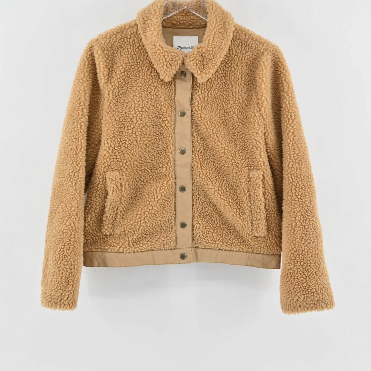 Madewell camel sherpa fleece jacket with snap-button front and side pockets from Lynn's Closet Boutique