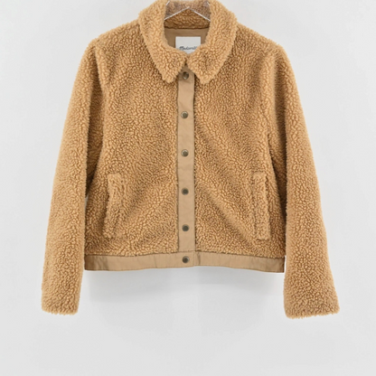 Madewell camel sherpa fleece jacket with snap-button front and side pockets from Lynn's Closet Boutique