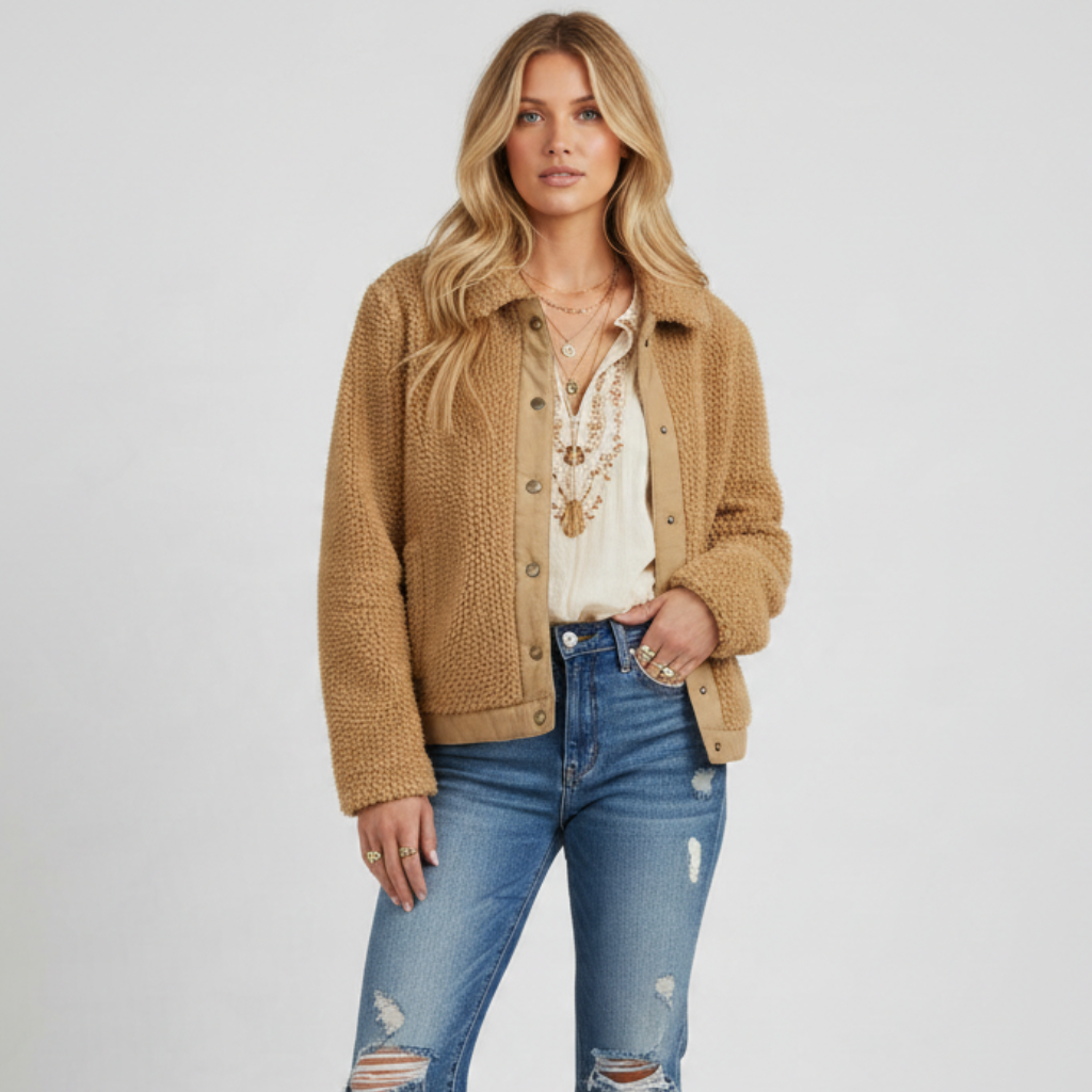 Model wearing a camel-colored Madewell sherpa fleece jacket with a button-down front and structured collar.
