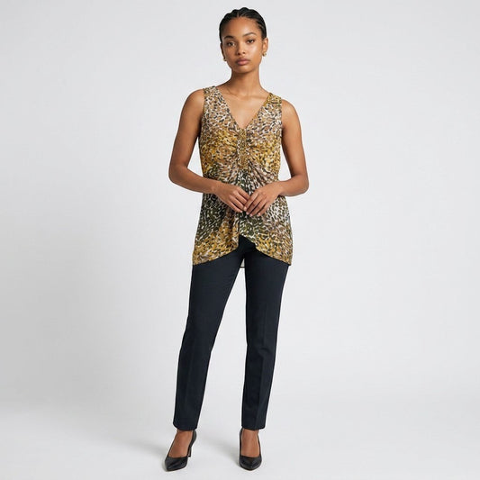 Model wearing a Lynn's Closet Boutique Magaschoni Collection sleeveless top with olive and brown animal print ruching