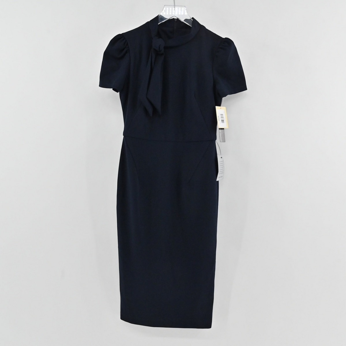 Lynn's Closet Boutique Maggy London navy midi sheath dress with short sleeves and a high tie-neck detail