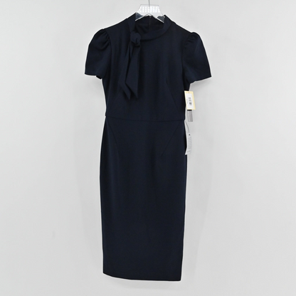 Lynn's Closet Boutique Maggy London navy midi sheath dress with short sleeves and a high tie-neck detail