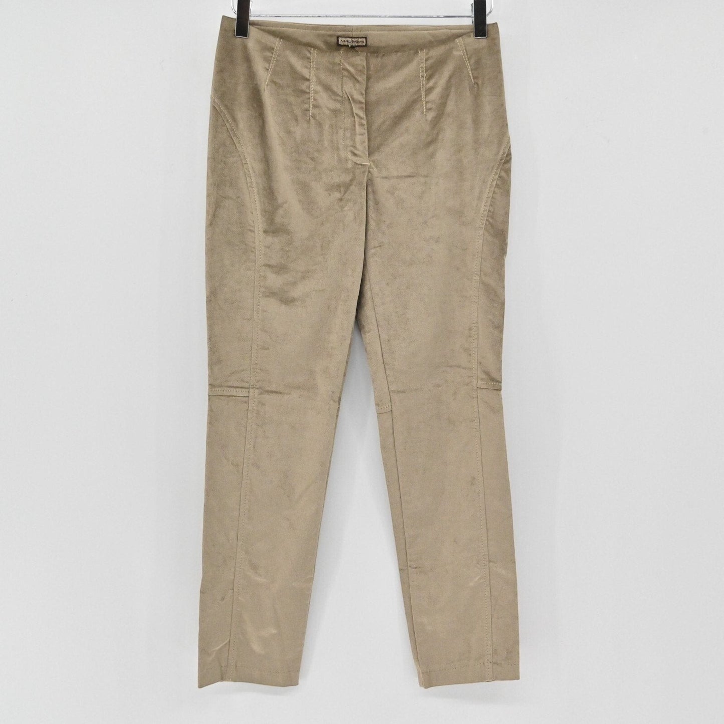 Lynn's Closet Boutique Maliparmi beige velvet slim-fit trousers with decorative paneling and stitching details.