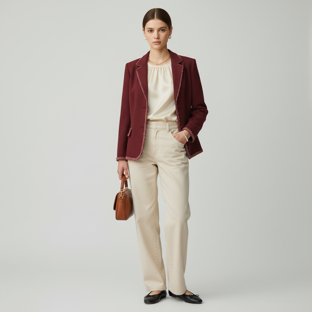Lynn's Closet Boutique maroon Nipon blazer with crochet trim worn by a model with cream trousers and a brown bag