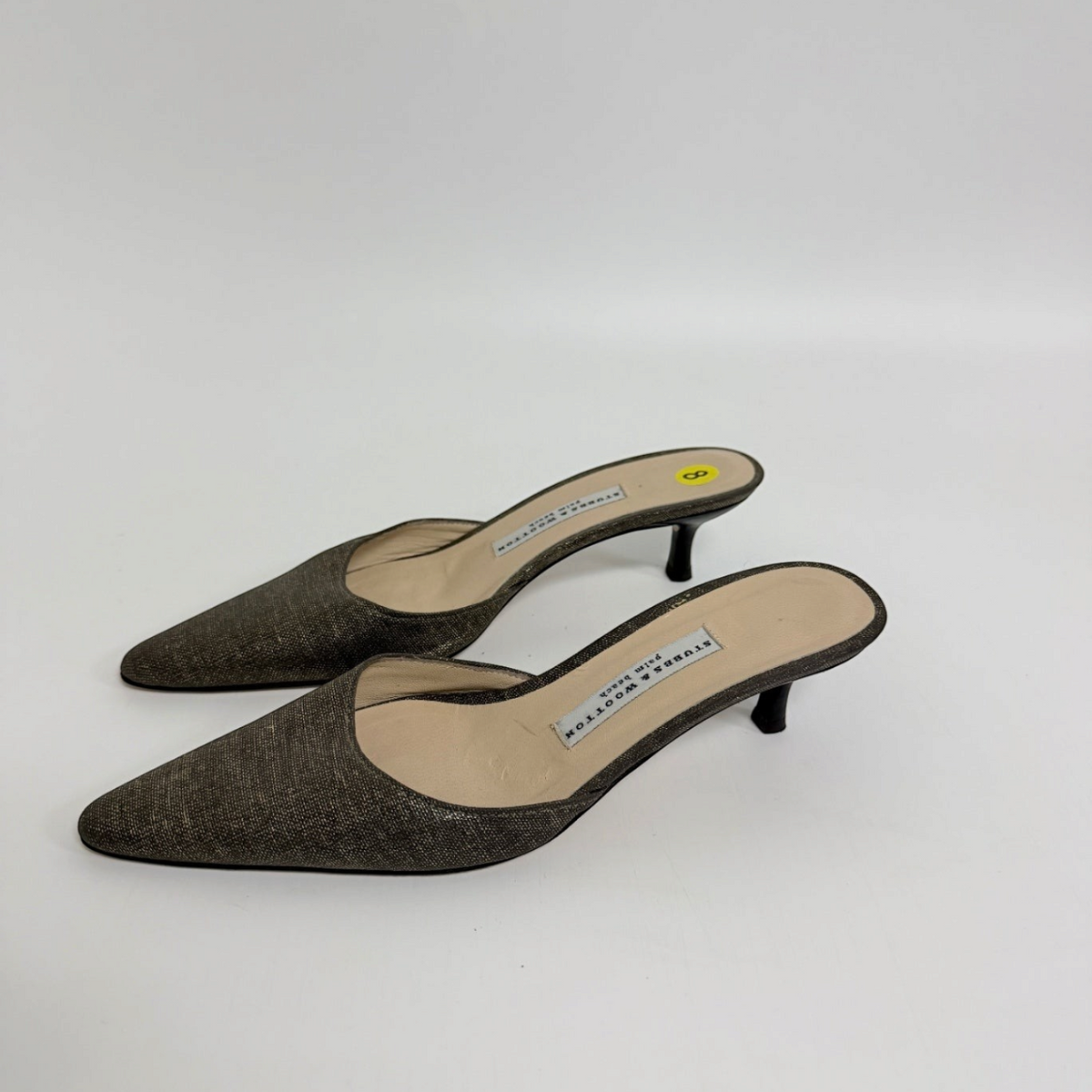 Lynn's Closet Boutique Stubbs & Wootton metallic gold pointed-toe kitten heel mules in size 8